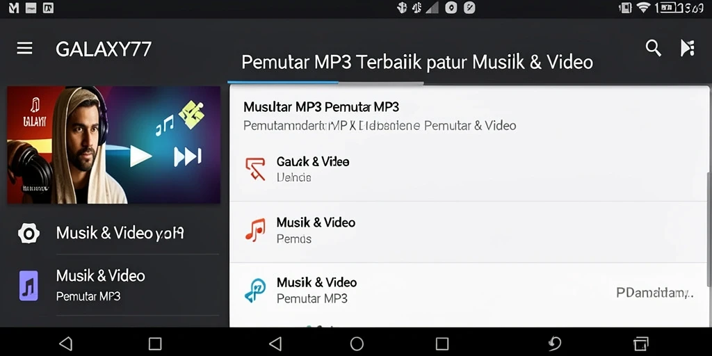 Antarmuka intuitif aplikasi Pemutar MP3 GALAXY77 dengan fitur lengkap.